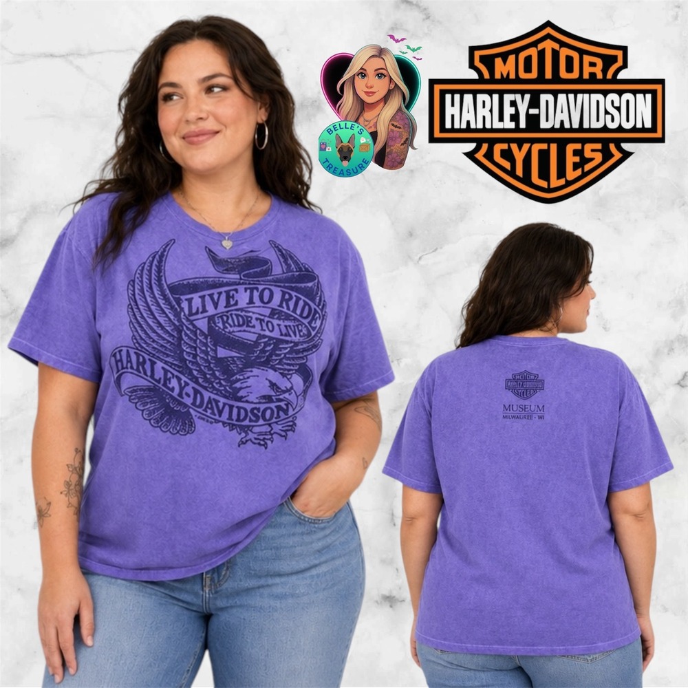 Harley Davidson Women's 2XL Glitter Purple Acid Wash V-Neck Top Milwaukee Shirt